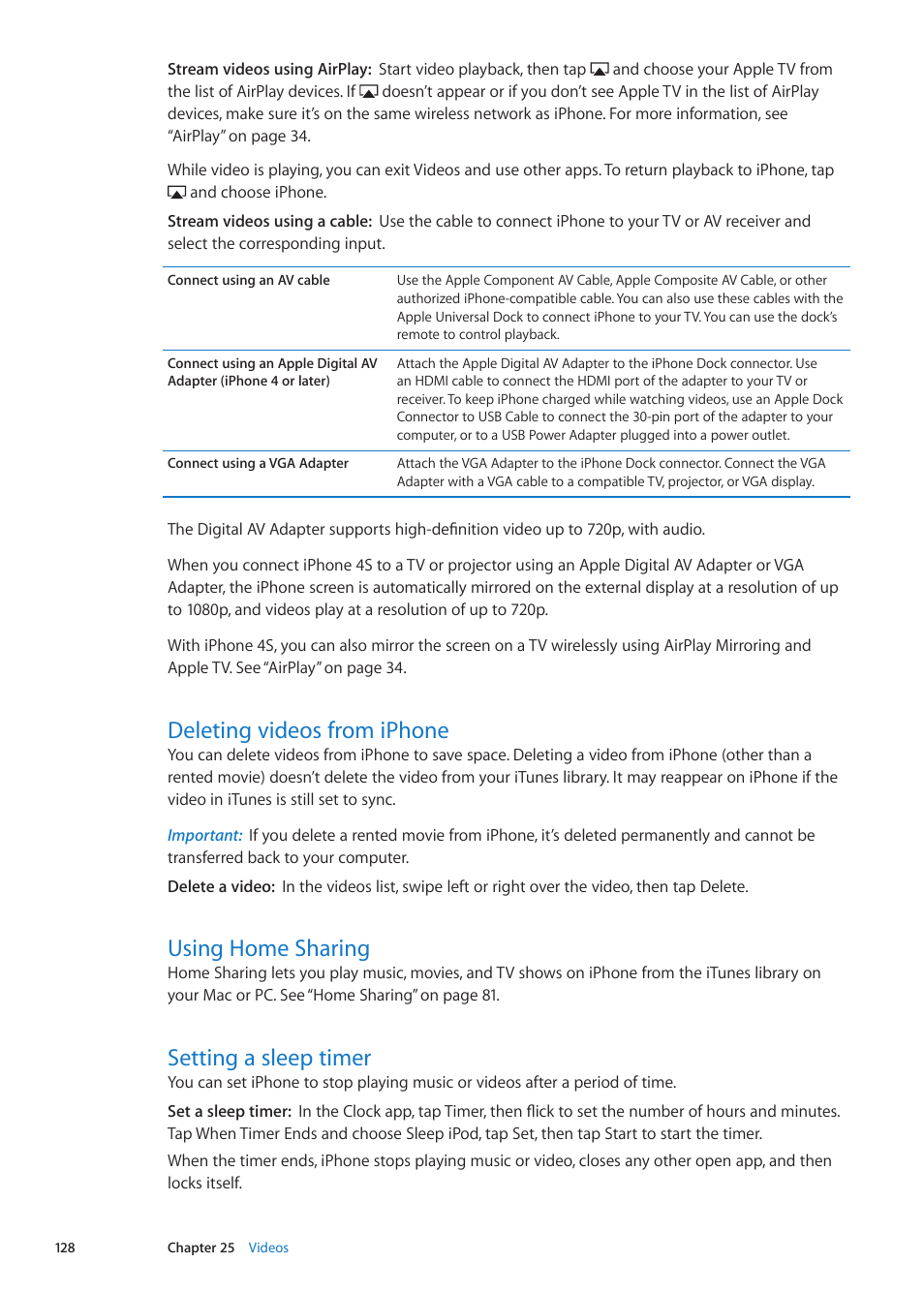 Deleting videos from iphone, Using home sharing, Setting a sleep timer | Apple iPhone iOS 5.1 User Manual | Page 128 / 179