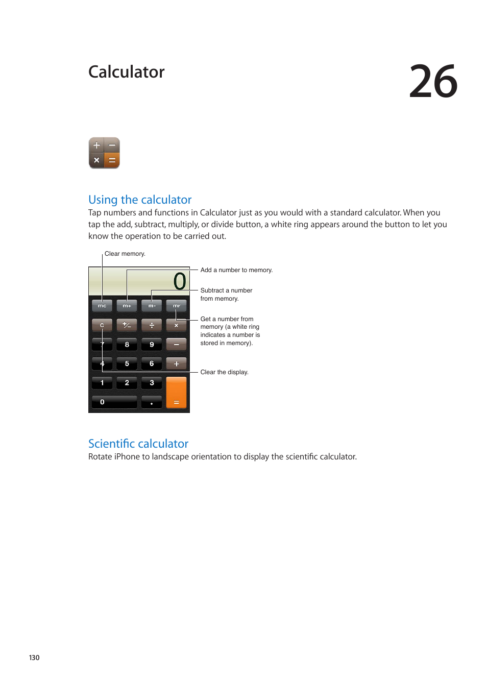 Chapter 26: calculator, Using the calculator, Scientific calculator | 130 using the calculator 130 scientific calculator, Calculator | Apple iPhone iOS 5.1 User Manual | Page 130 / 179