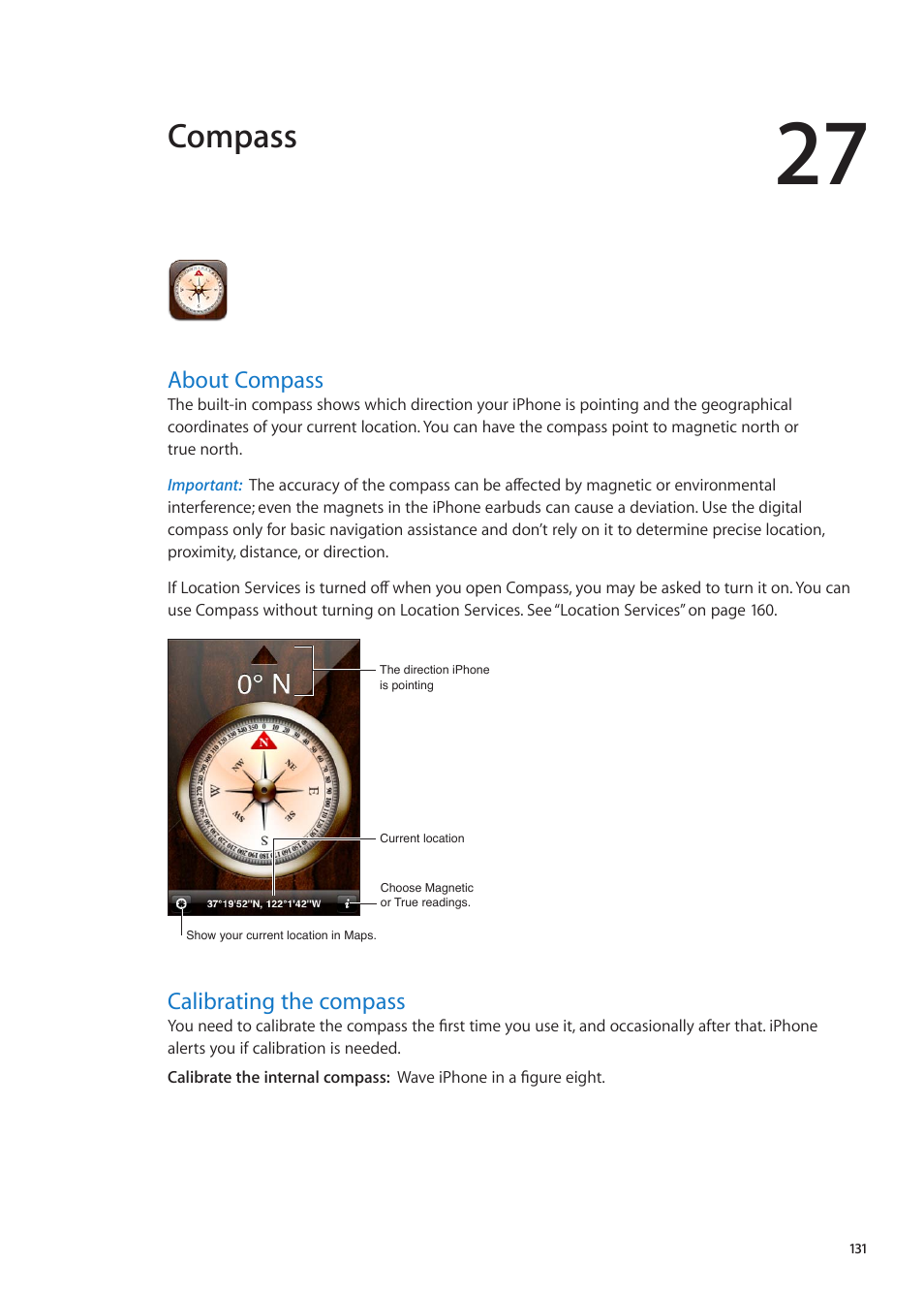 Chapter 27: compass, About compass, Calibrating the compass | 131 about compass 131 calibrating the compass, Compass | Apple iPhone iOS 5.1 User Manual | Page 131 / 179