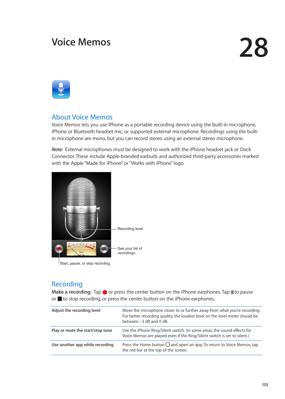 Chapter 28: voice memos, About voice memos, Recording | 133 about voice memos 133 recording | Apple iPhone iOS 5.1 User Manual | Page 133 / 179