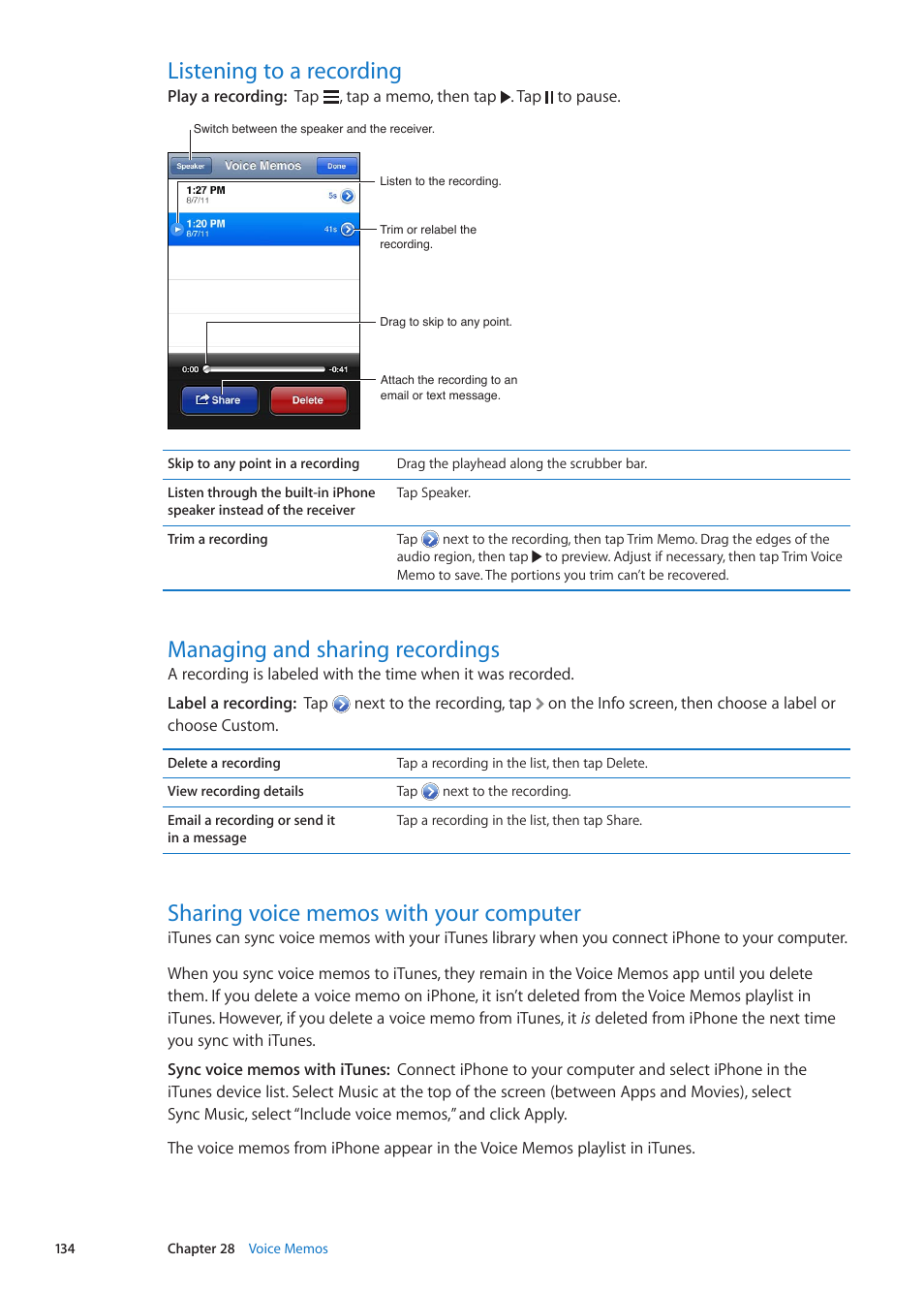 Listening to a recording, Managing and sharing recordings, Sharing voice memos with your computer | Apple iPhone iOS 5.1 User Manual | Page 134 / 179