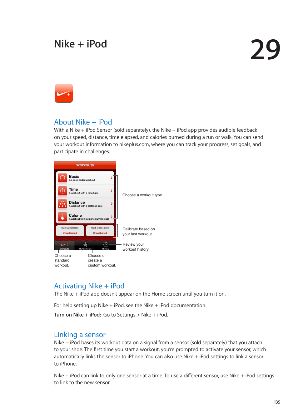 Chapter 29: nike + ipod, About nike + ipod, Activating nike + ipod | Linking a sensor, Nike + ipod | Apple iPhone iOS 5.1 User Manual | Page 135 / 179