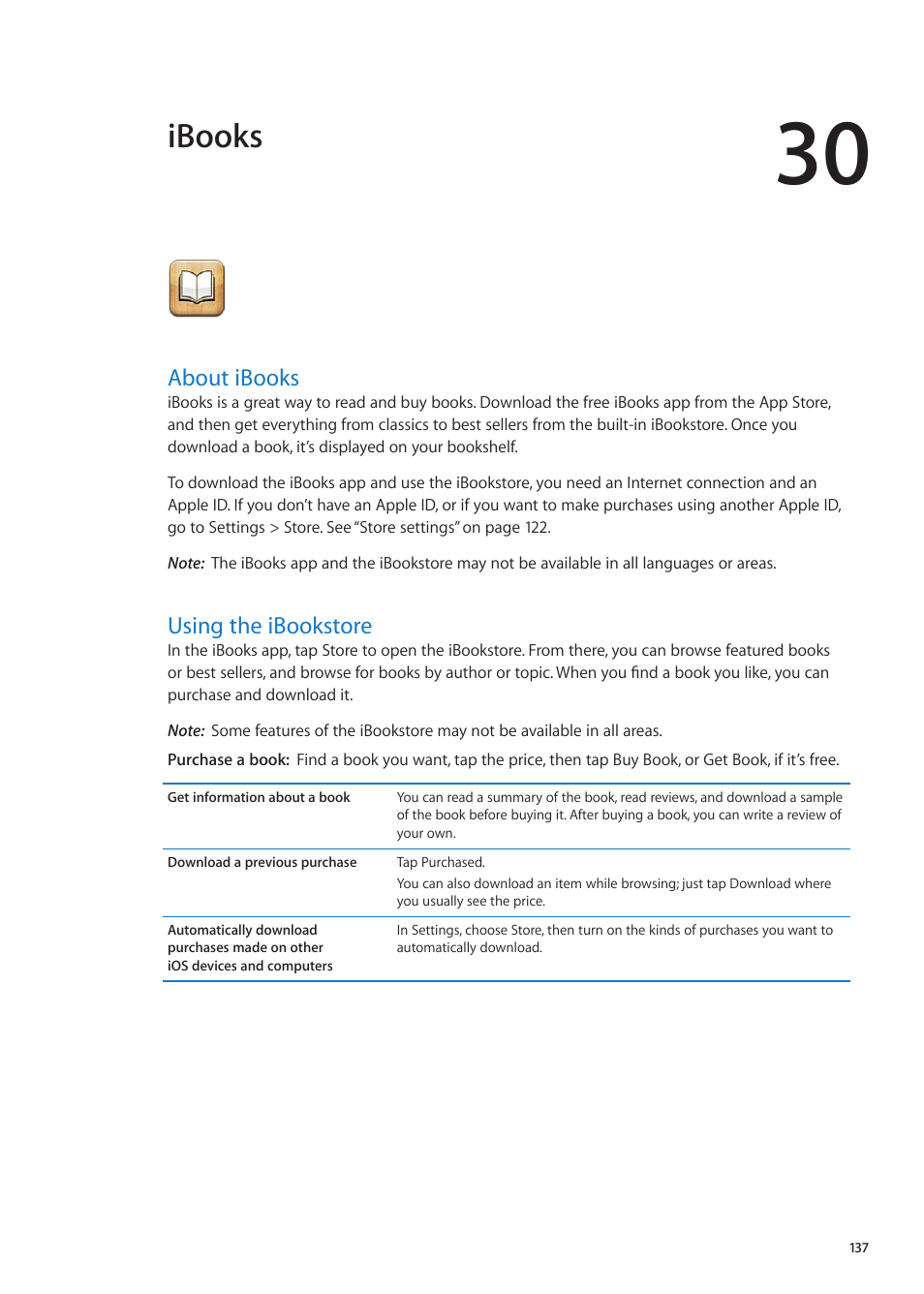 Chapter 30: ibooks, About ibooks, Using the ibookstore | 137 about ibooks 137 using the ibookstore, Ibooks | Apple iPhone iOS 5.1 User Manual | Page 137 / 179