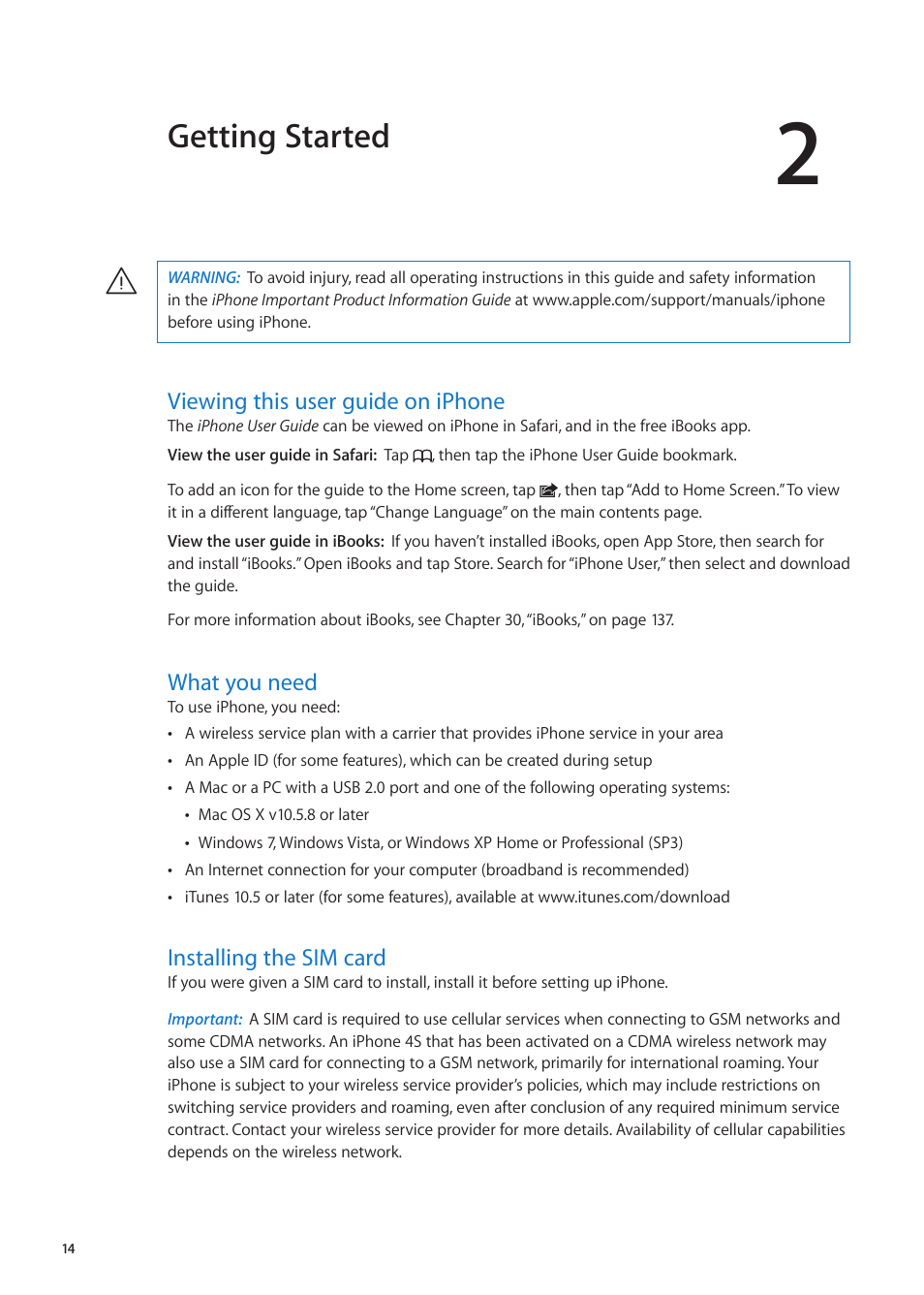 Chapter 2: getting started, Viewing this user guide on iphone, What you need | Installing the sim card, Getting started | Apple iPhone iOS 5.1 User Manual | Page 14 / 179