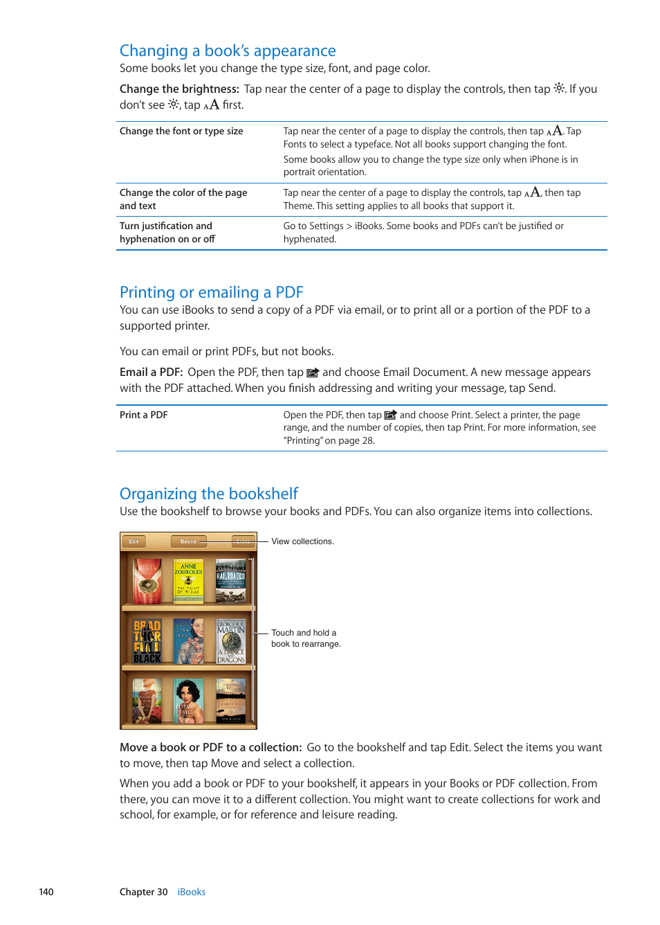 Changing a book’s appearance, Printing or emailing a pdf, Organizing the bookshelf | Apple iPhone iOS 5.1 User Manual | Page 140 / 179