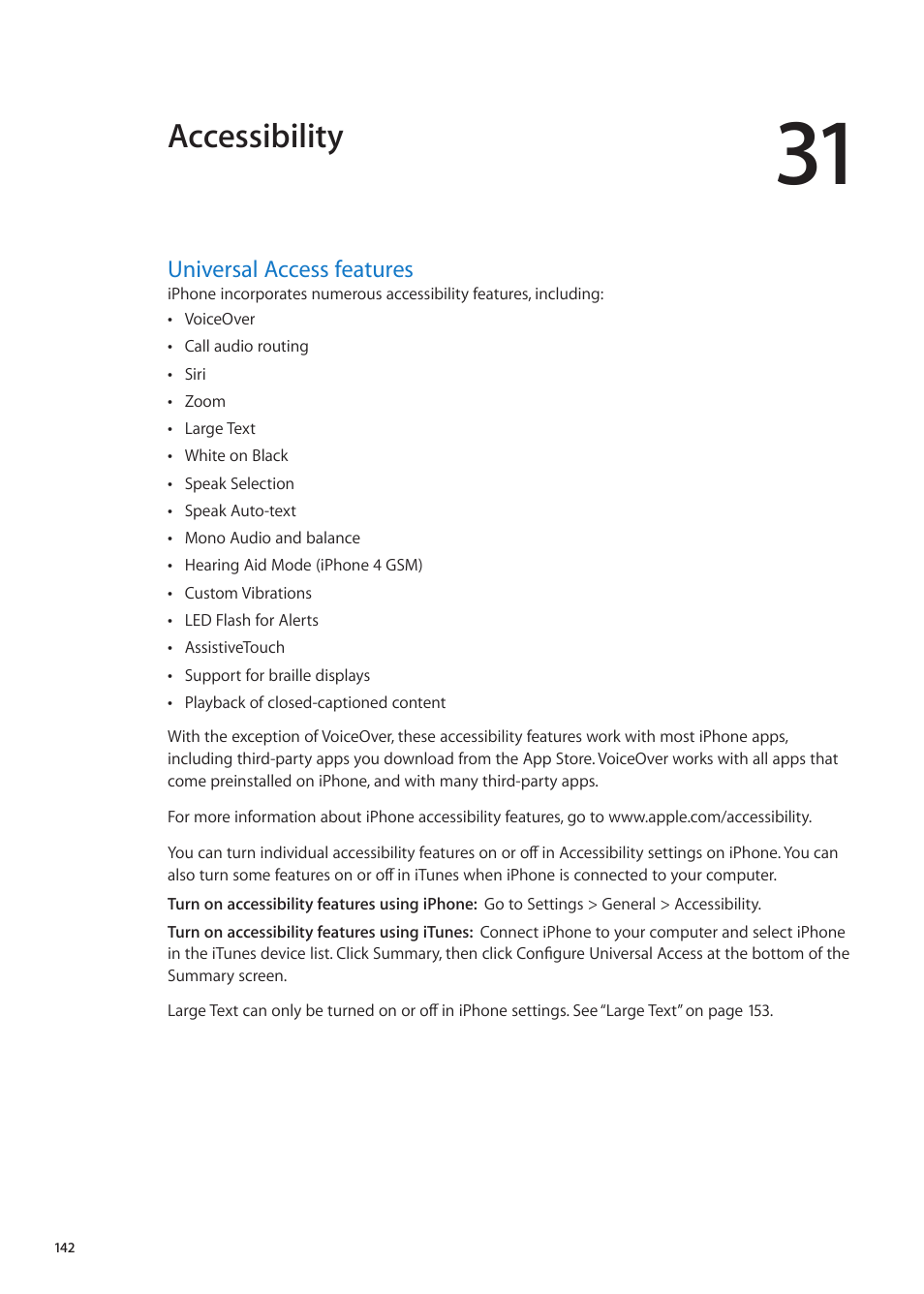 Chapter 31: accessibility, Universal access features, 142 universal access features | Accessibility | Apple iPhone iOS 5.1 User Manual | Page 142 / 179