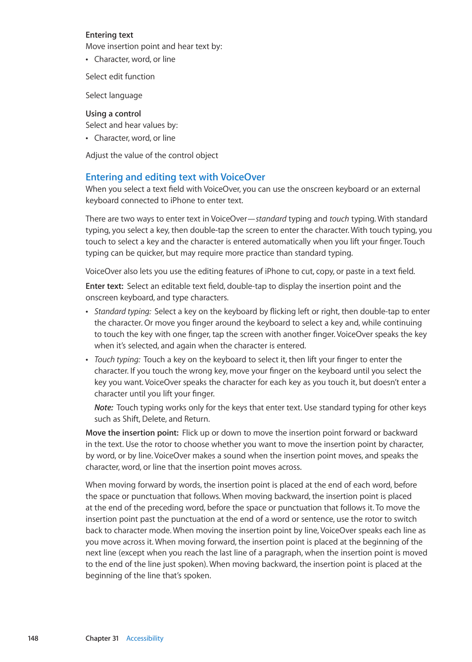 Entering and editing text with voiceover | Apple iPhone iOS 5.1 User Manual | Page 148 / 179