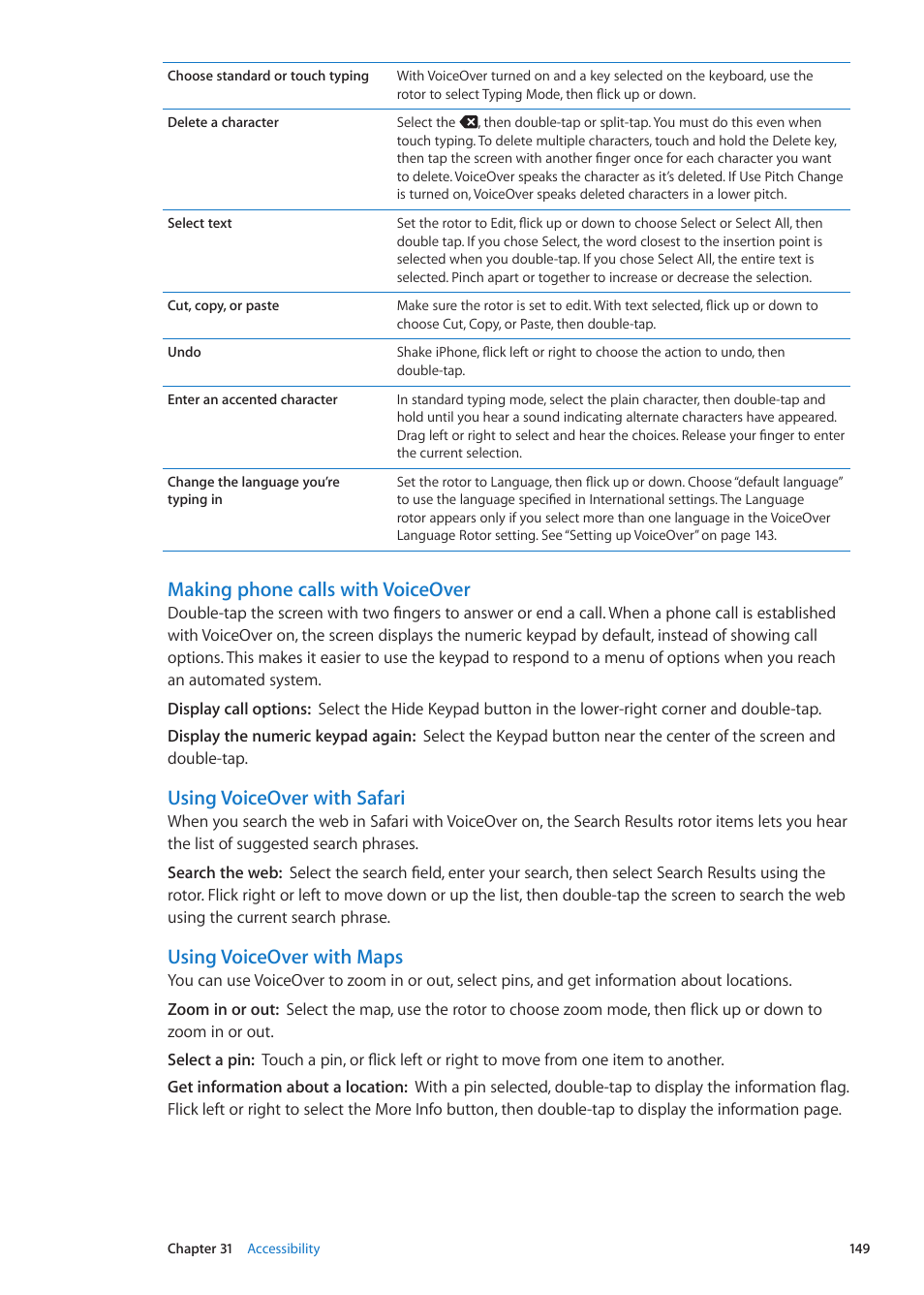 Making phone calls with voiceover, Using voiceover with safari, Using voiceover with maps | Apple iPhone iOS 5.1 User Manual | Page 149 / 179