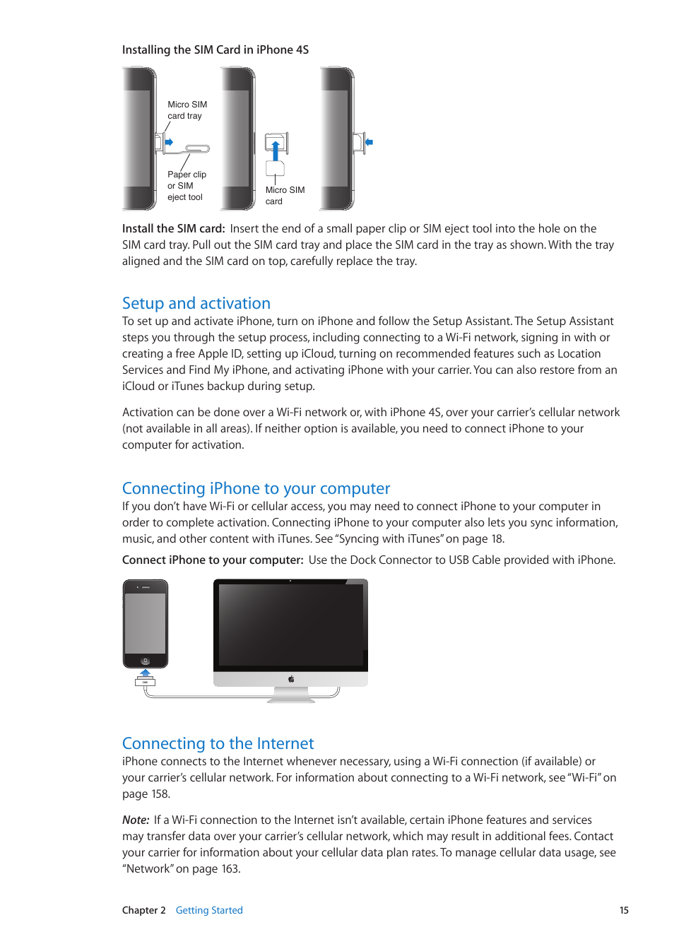 Setup and activation, Connecting iphone to your computer, Connecting to the internet | Apple iPhone iOS 5.1 User Manual | Page 15 / 179