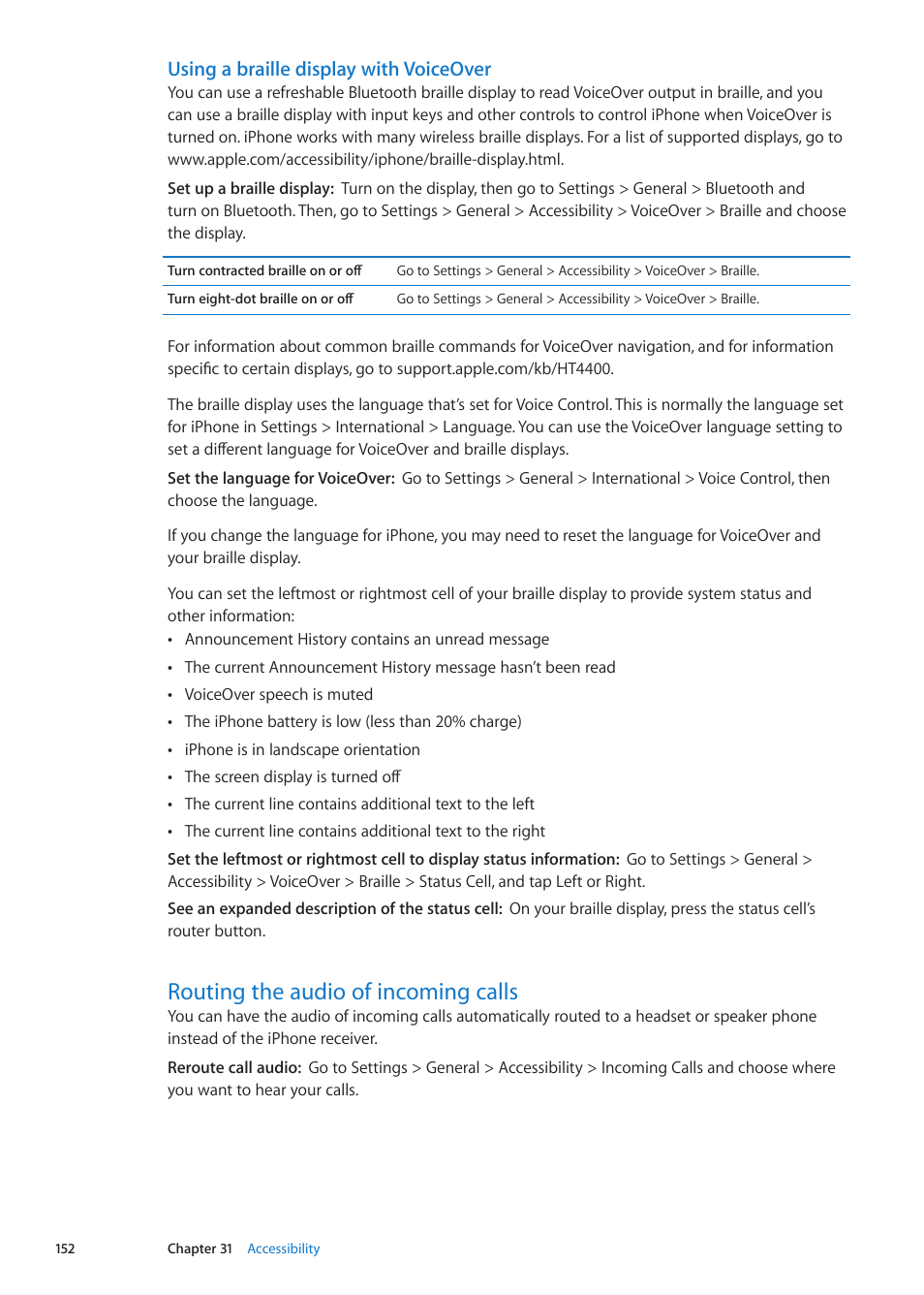 Routing the audio of incoming calls, 152 routing the audio of incoming calls, Using a braille display with voiceover | Apple iPhone iOS 5.1 User Manual | Page 152 / 179