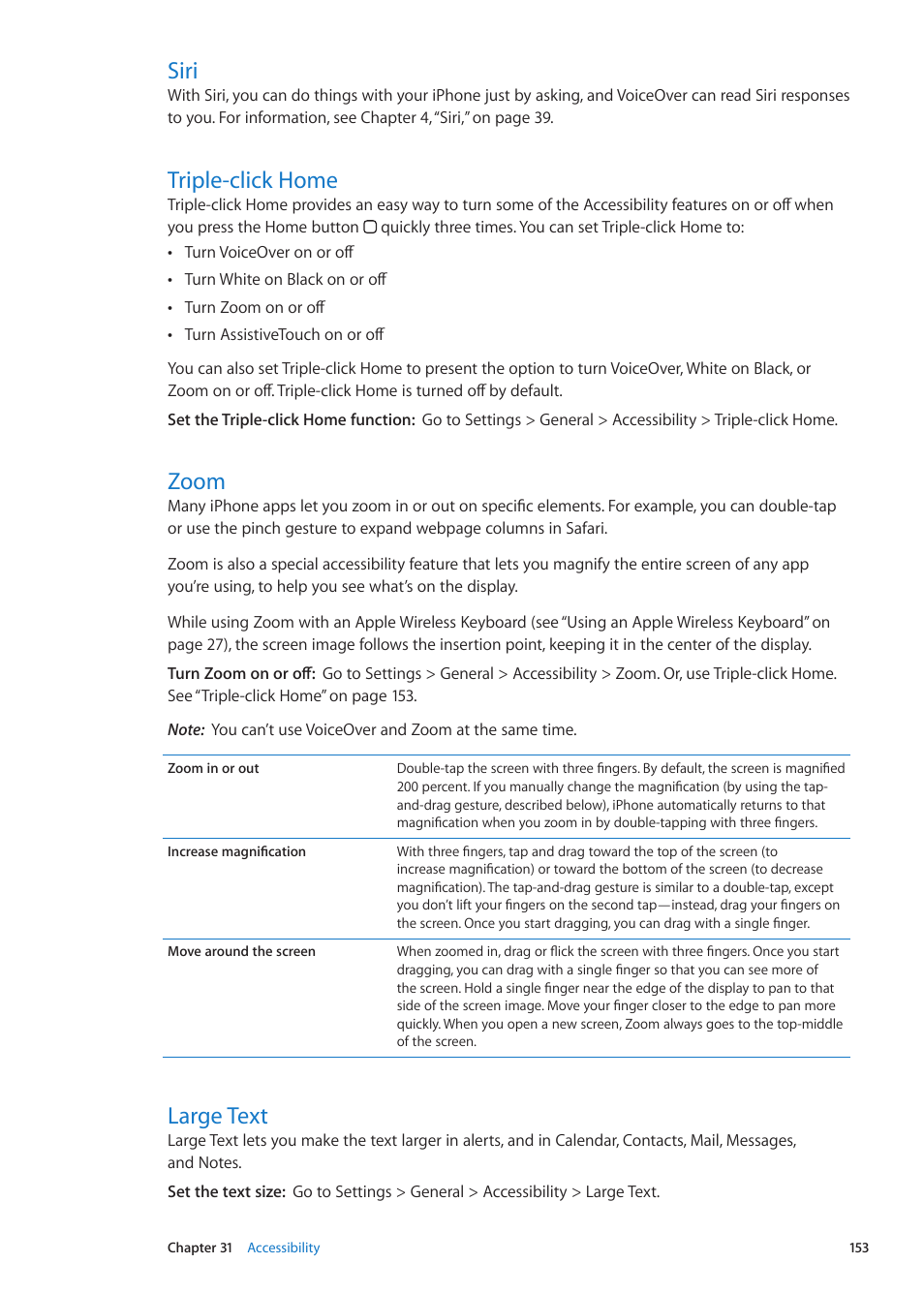 Siri, Triple-click home, Zoom | Large text | Apple iPhone iOS 5.1 User Manual | Page 153 / 179