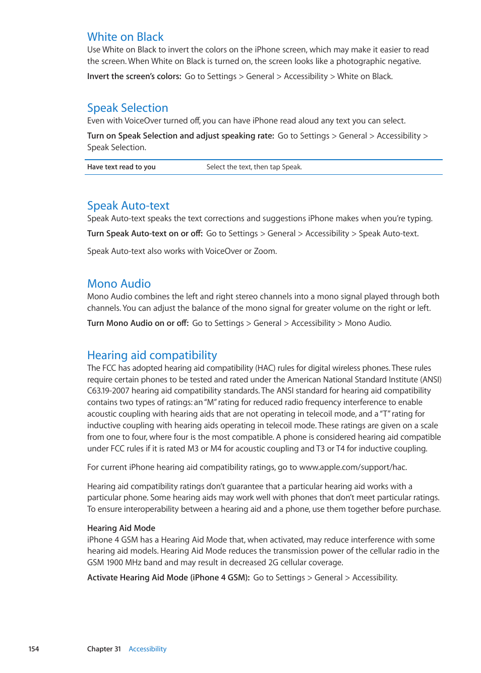 White on black, Speak selection, Speak auto-text | Mono audio, Hearing aid compatibility | Apple iPhone iOS 5.1 User Manual | Page 154 / 179