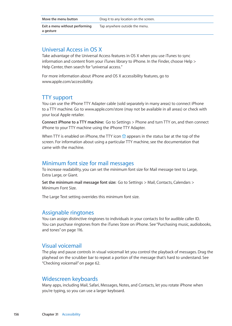 Universal access in os x, Tty support, Minimum font size for mail messages | Assignable ringtones, Visual voicemail, Widescreen keyboards | Apple iPhone iOS 5.1 User Manual | Page 156 / 179