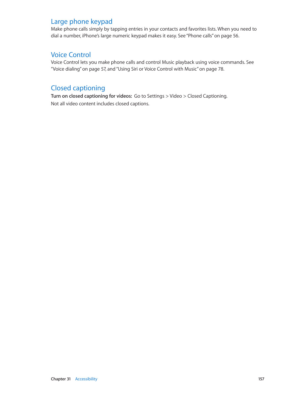 Large phone keypad, Voice control, Closed captioning | Apple iPhone iOS 5.1 User Manual | Page 157 / 179