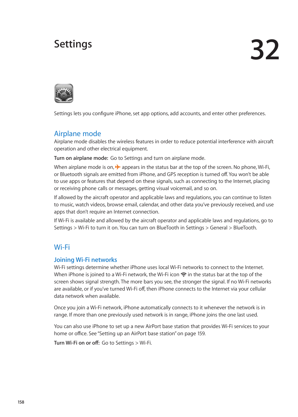 Chapter 32: settings, Airplane mode, Wi-fi | 158 airplane mode 158 wi-fi, Settings | Apple iPhone iOS 5.1 User Manual | Page 158 / 179