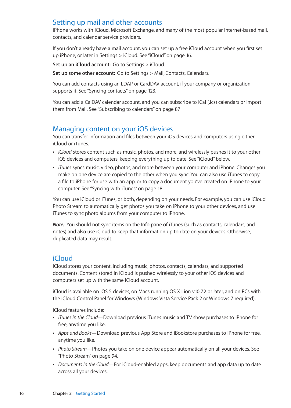 Setting up mail and other accounts, Managing content on your ios devices, Icloud | Apple iPhone iOS 5.1 User Manual | Page 16 / 179