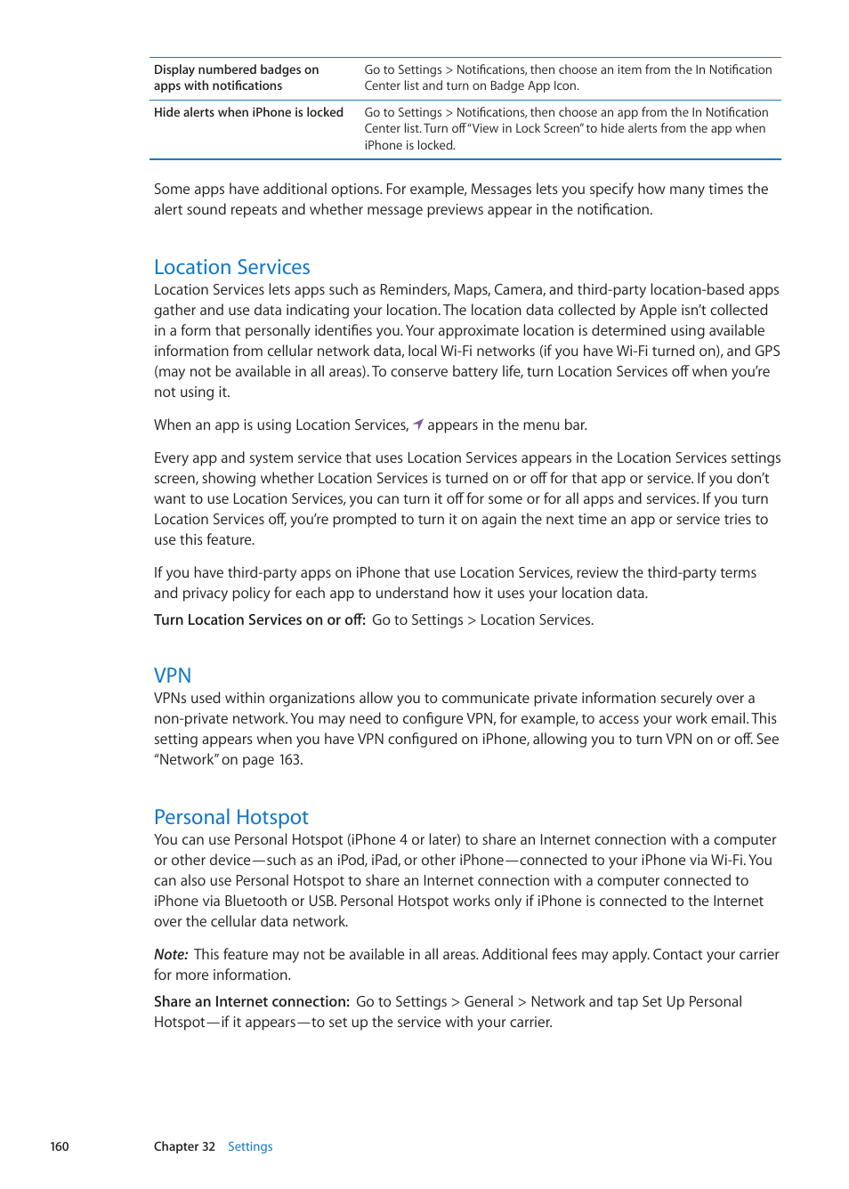 Location services, Personal hotspot, 160 location services 160 vpn 160 personal hotspot | Apple iPhone iOS 5.1 User Manual | Page 160 / 179