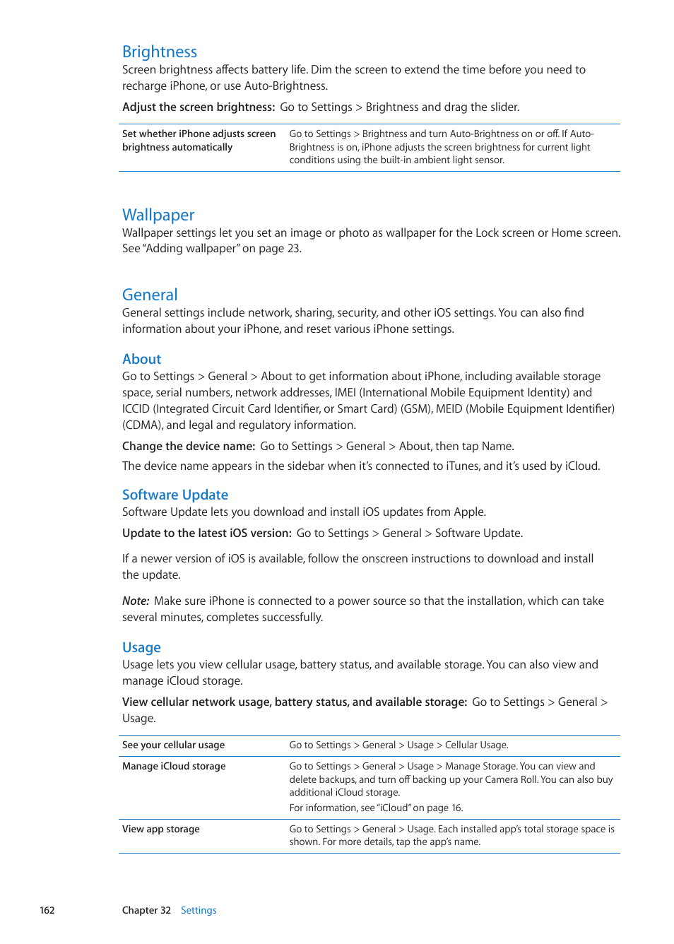 Brightness, Wallpaper, General | 162 brightness 162 wallpaper 162 general, About, Software update, Usage | Apple iPhone iOS 5.1 User Manual | Page 162 / 179