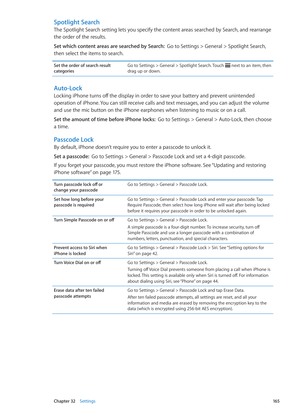 Auto-lock, Passcode lock, Spotlight search | Apple iPhone iOS 5.1 User Manual | Page 165 / 179