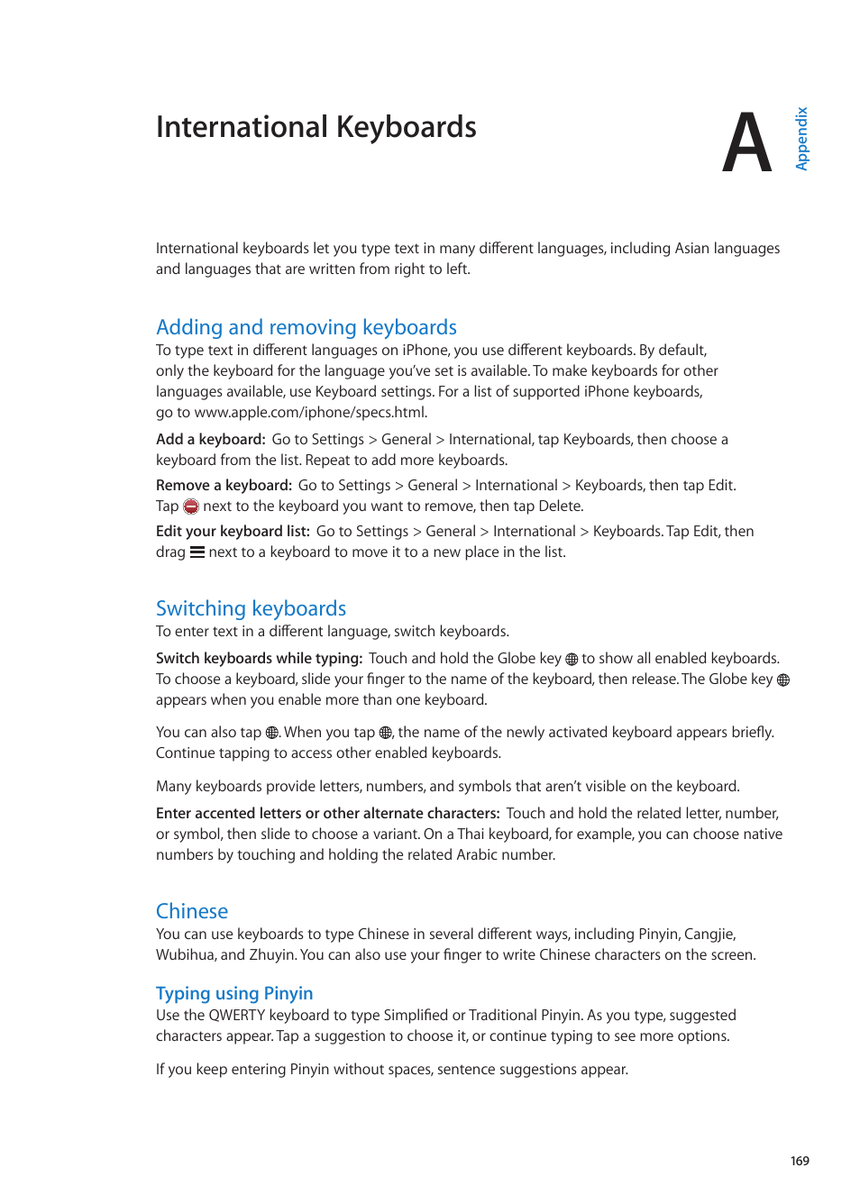 Appendix a: international keyboards, Adding and removing keyboards, Switching keyboards | Chinese, Appendix a : international keyboards, International keyboards | Apple iPhone iOS 5.1 User Manual | Page 169 / 179