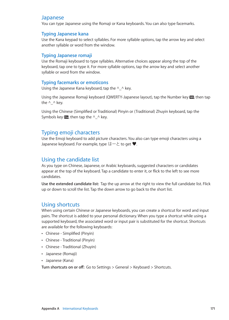 Japanese, Typing emoji characters, Using the candidate list | Using shortcuts | Apple iPhone iOS 5.1 User Manual | Page 171 / 179