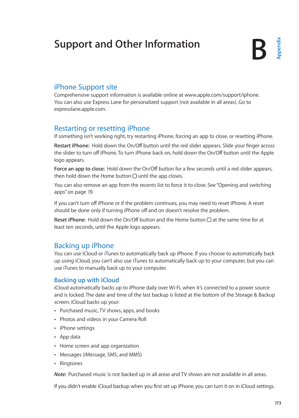 Appendix b: support and other information, Iphone support site, Restarting or resetting iphone | Backing up iphone, Appendix b: support and other information, Support and other information | Apple iPhone iOS 5.1 User Manual | Page 173 / 179