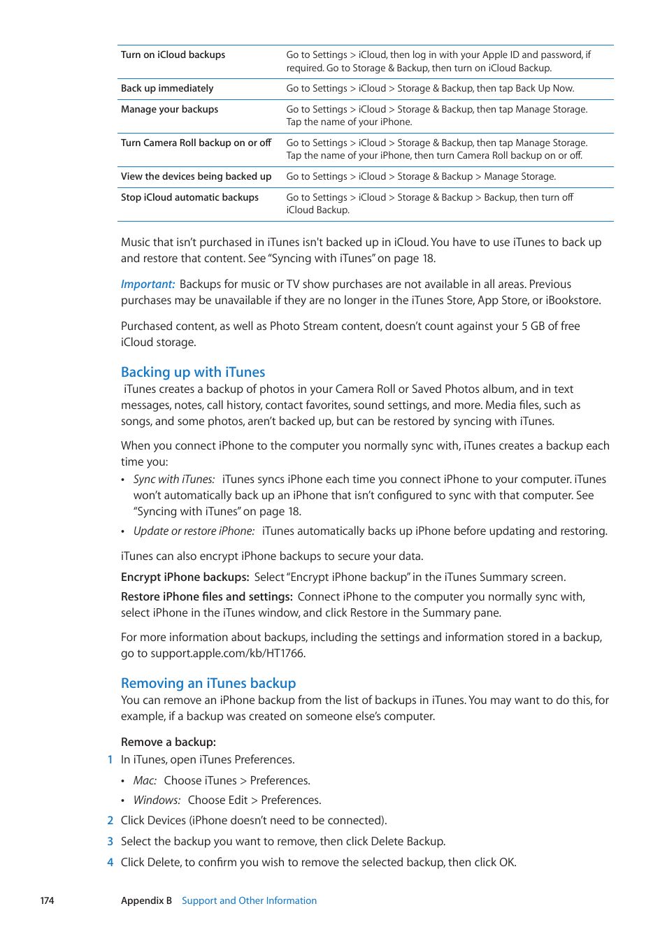 Backing up with itunes, Removing an itunes backup | Apple iPhone iOS 5.1 User Manual | Page 174 / 179