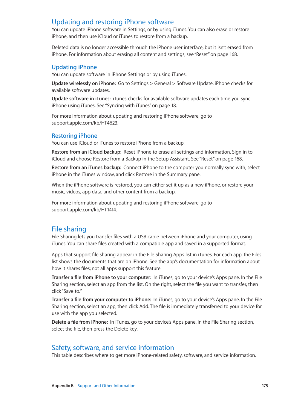 Updating and restoring iphone software, File sharing, Safety, software, and service information | Apple iPhone iOS 5.1 User Manual | Page 175 / 179
