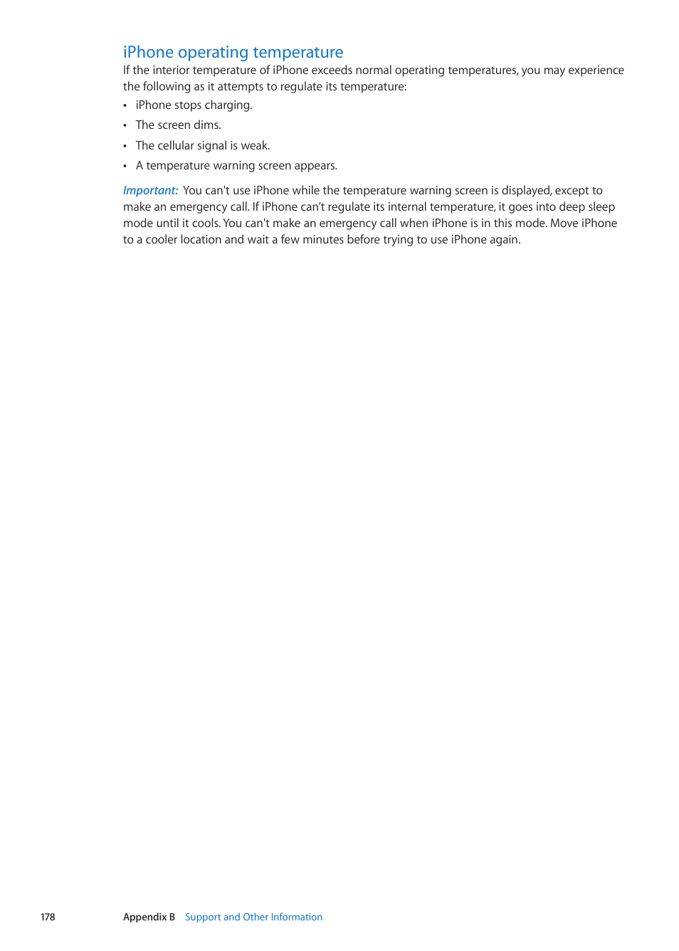 Iphone operating temperature, 178 iphone operating temperature | Apple iPhone iOS 5.1 User Manual | Page 178 / 179