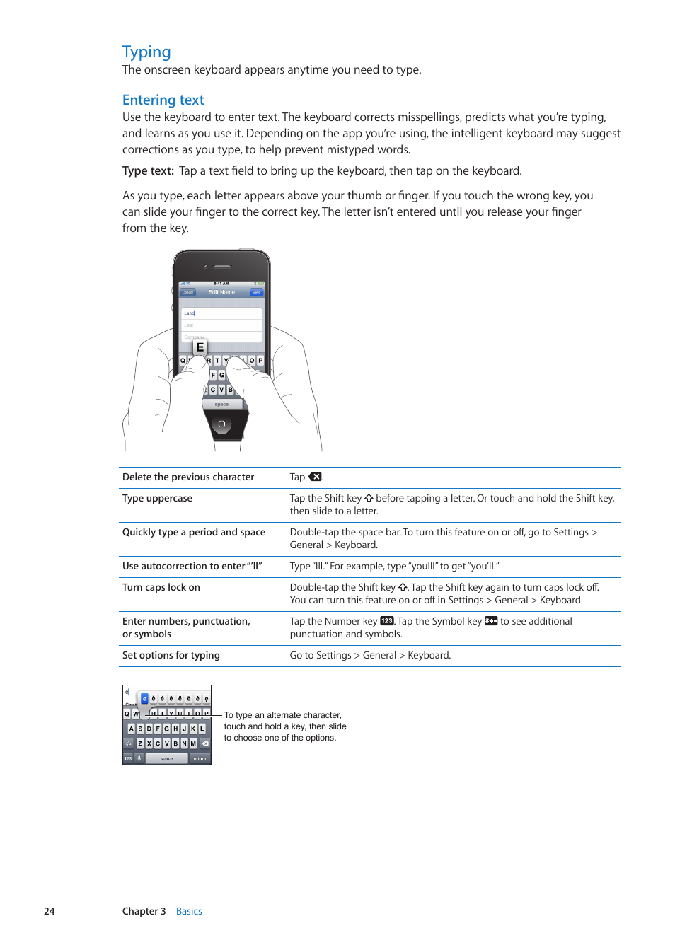 Typing, 24 typing, Entering text | Apple iPhone iOS 5.1 User Manual | Page 24 / 179