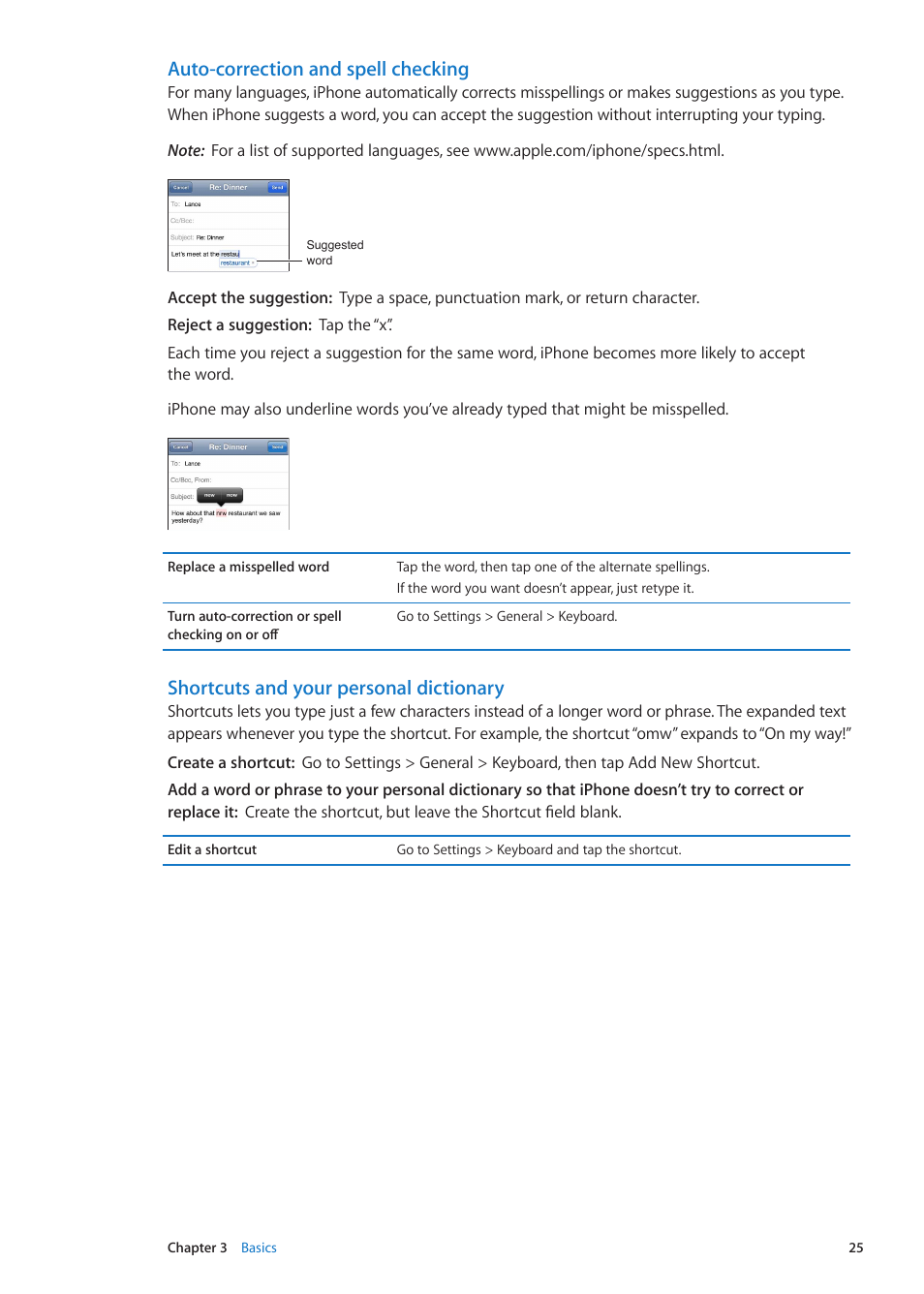 Auto-correction and spell checking, Shortcuts and your personal dictionary | Apple iPhone iOS 5.1 User Manual | Page 25 / 179