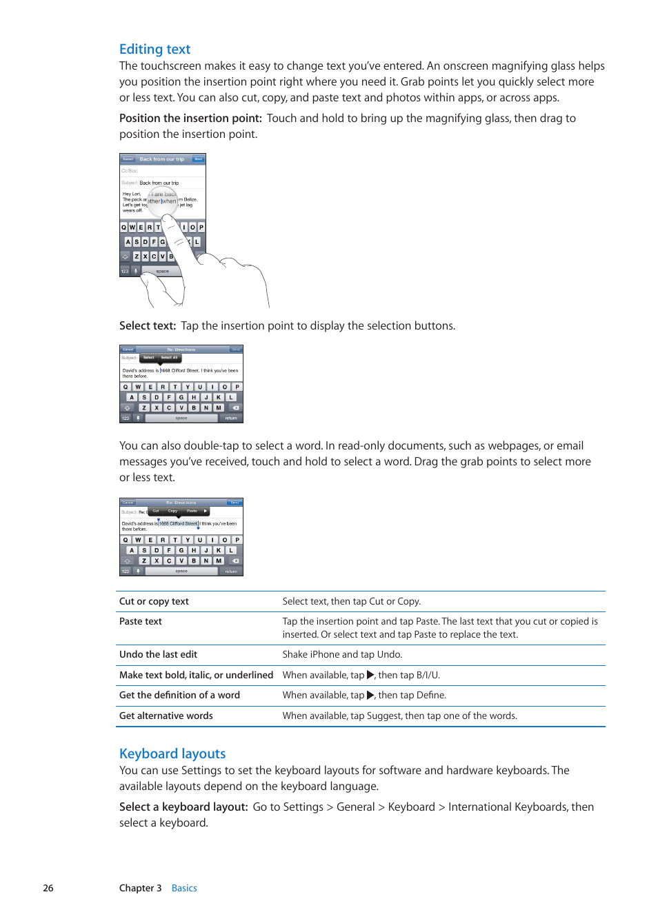 Editing text, Keyboard layouts | Apple iPhone iOS 5.1 User Manual | Page 26 / 179