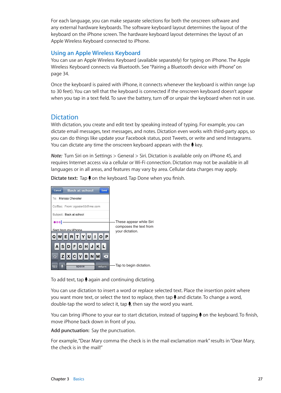 Dictation, 27 dictation, Using an apple wireless keyboard | Apple iPhone iOS 5.1 User Manual | Page 27 / 179