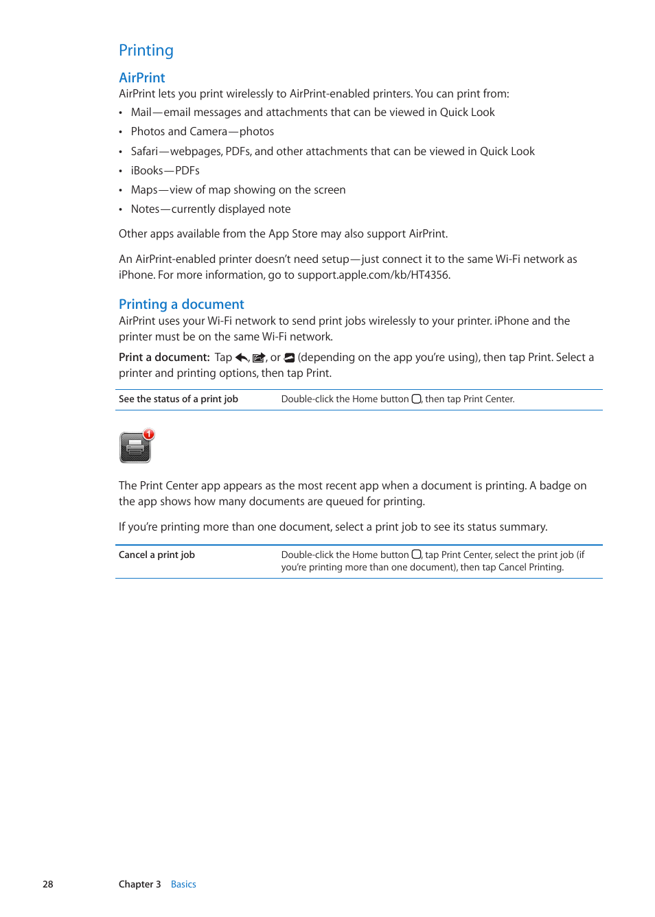 Printing, 28 printing, Airprint | Printing a document | Apple iPhone iOS 5.1 User Manual | Page 28 / 179