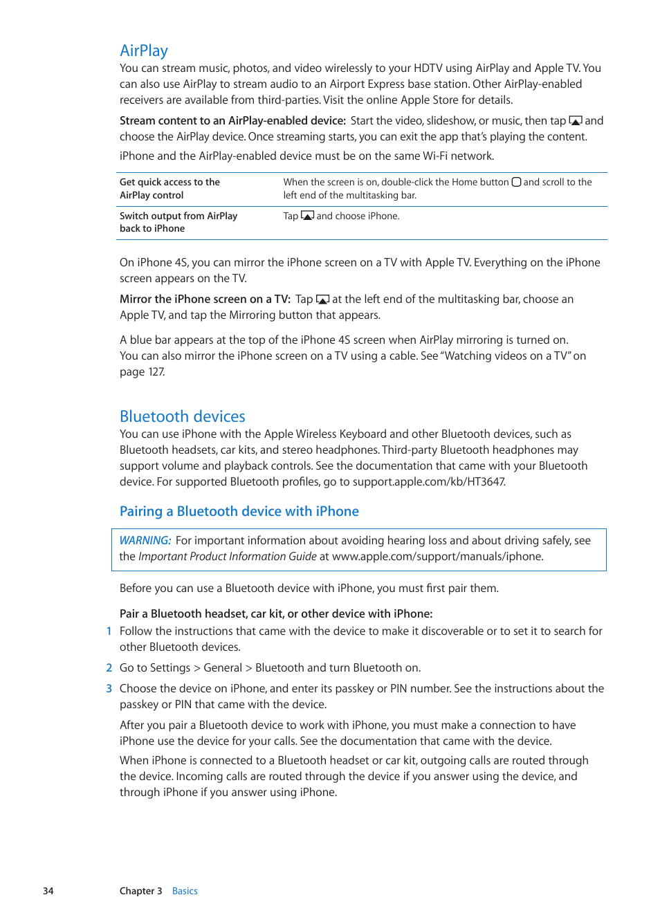 Airplay, Bluetooth devices, 34 airplay 34 bluetooth devices | Pairing a bluetooth device with iphone | Apple iPhone iOS 5.1 User Manual | Page 34 / 179