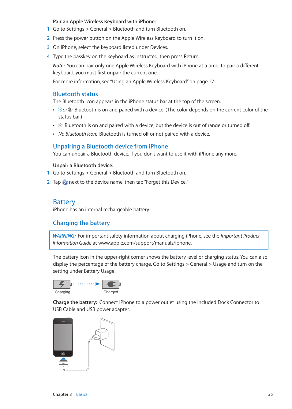 Battery, 35 battery, Bluetooth status | Unpairing a bluetooth device from iphone, Charging the battery | Apple iPhone iOS 5.1 User Manual | Page 35 / 179