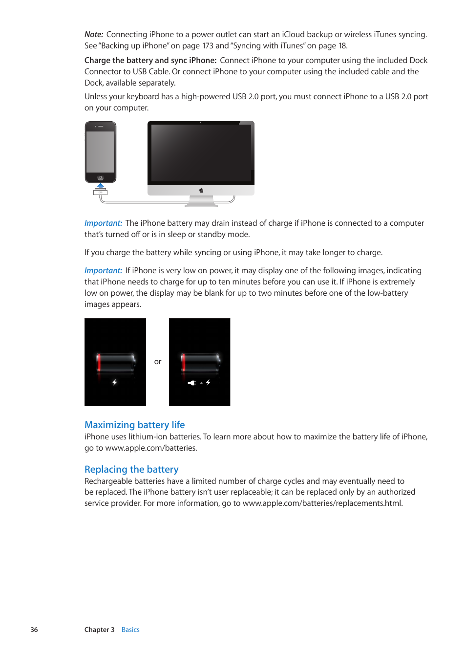 Maximizing battery life, Replacing the battery | Apple iPhone iOS 5.1 User Manual | Page 36 / 179