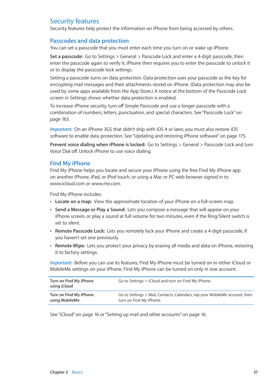 Security features, 37 security features, Find my iphone | Passcodes and data protection | Apple iPhone iOS 5.1 User Manual | Page 37 / 179