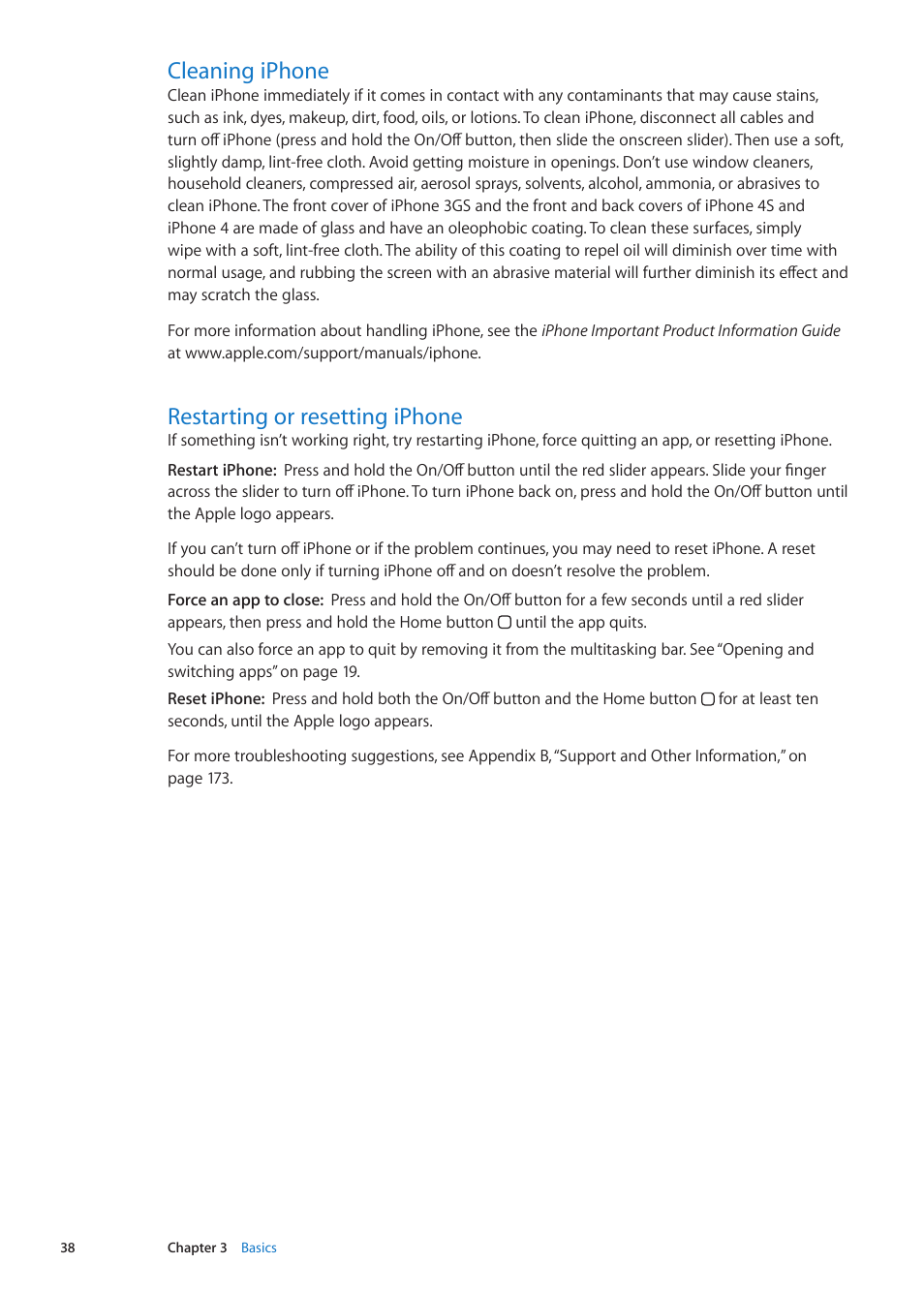 Cleaning iphone, Restarting or resetting iphone | Apple iPhone iOS 5.1 User Manual | Page 38 / 179