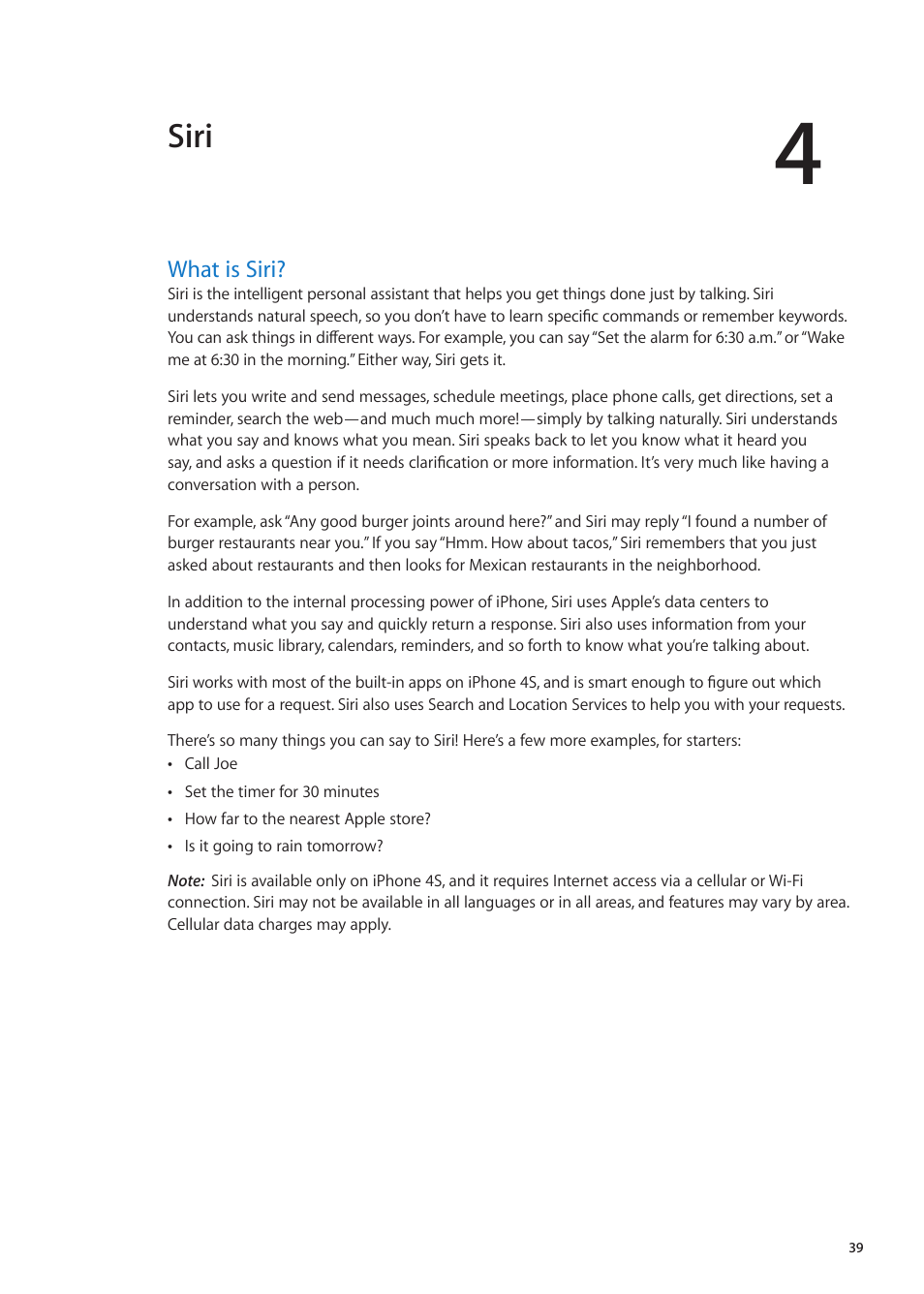 Chapter 4: siri, What is siri, 39 what is siri | Siri, 39 and, 39 or | Apple iPhone iOS 5.1 User Manual | Page 39 / 179