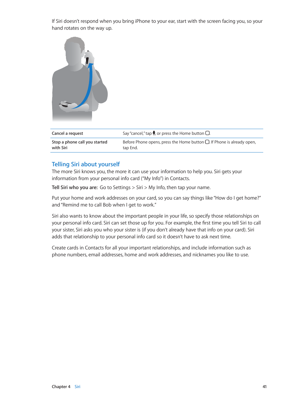 Telling siri about yourself | Apple iPhone iOS 5.1 User Manual | Page 41 / 179