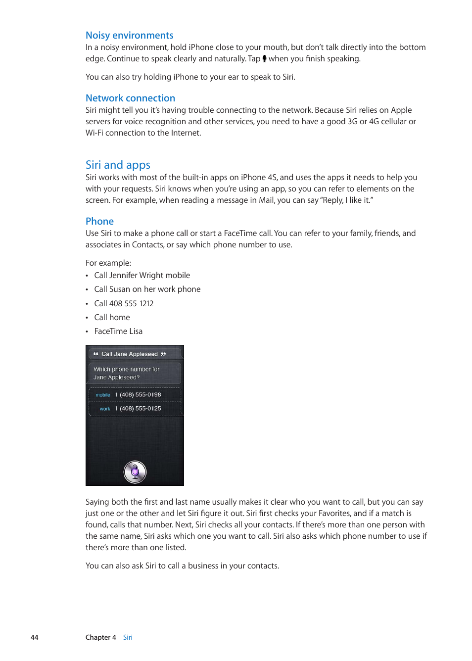 Siri and apps, 44 siri and apps, Noisy environments | Network connection, Phone | Apple iPhone iOS 5.1 User Manual | Page 44 / 179