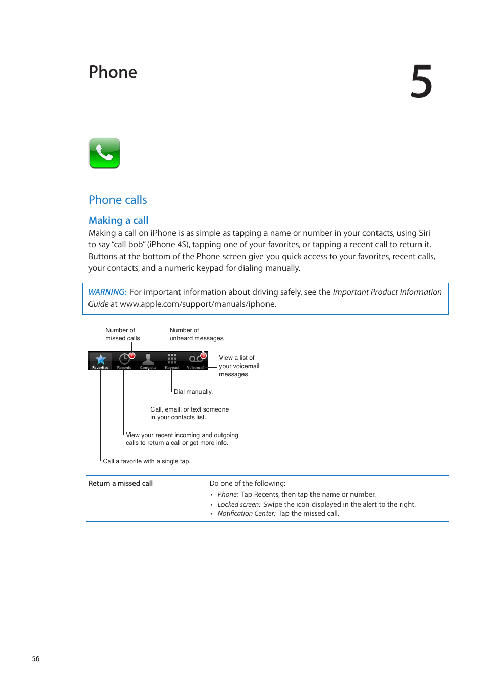 Chapter 5: phone, Phone calls, 56 phone calls | Phone | Apple iPhone iOS 5.1 User Manual | Page 56 / 179