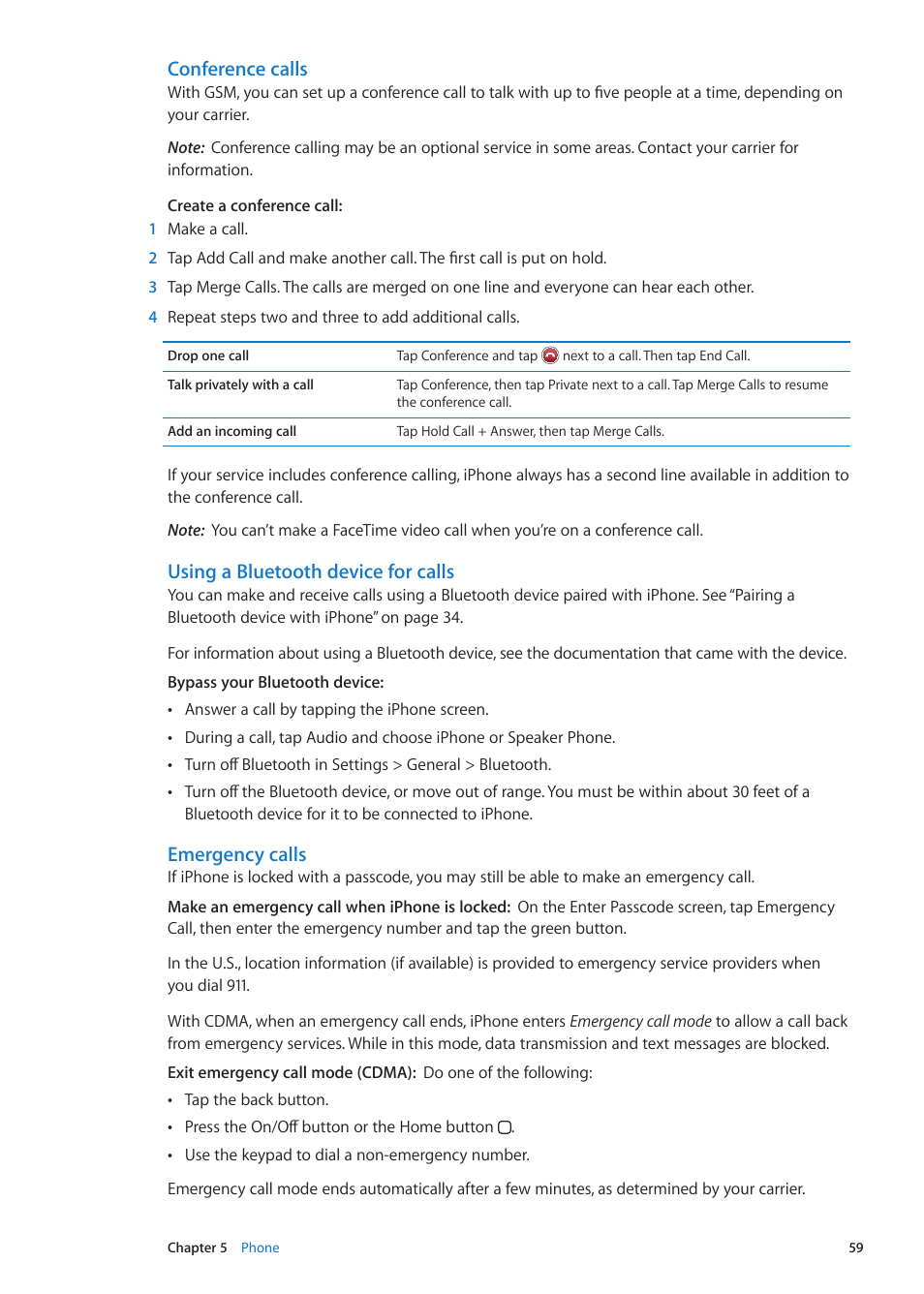 Conference calls, Using a bluetooth device for calls, Emergency calls | Apple iPhone iOS 5.1 User Manual | Page 59 / 179