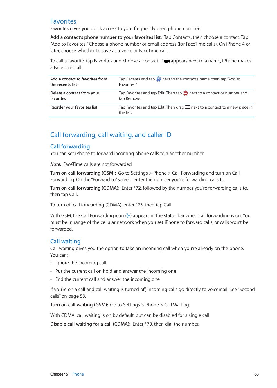 Favorites, Call forwarding, call waiting, and caller id, Call forwarding | Call waiting | Apple iPhone iOS 5.1 User Manual | Page 63 / 179