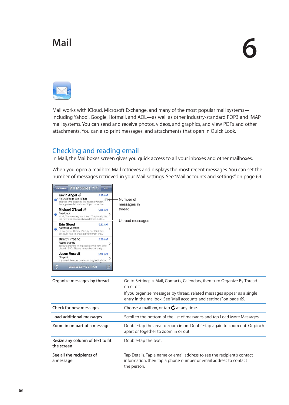 Chapter 6: mail, Checking and reading email, 66 checking and reading email | Mail | Apple iPhone iOS 5.1 User Manual | Page 66 / 179