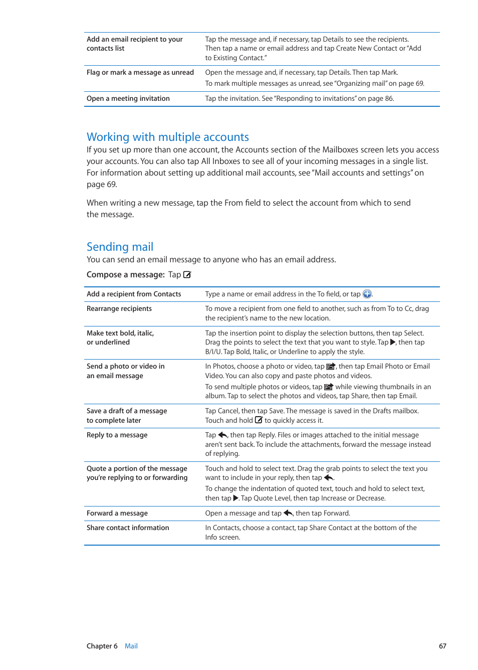 Working with multiple accounts, Sending mail, 67 working with multiple accounts 67 sending mail | Apple iPhone iOS 5.1 User Manual | Page 67 / 179