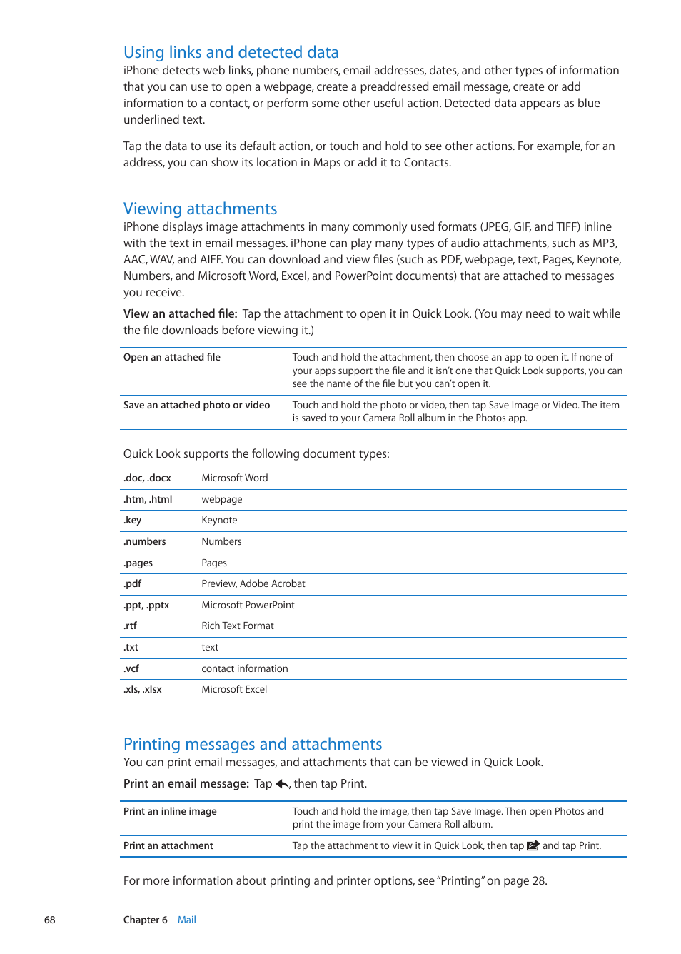 Using links and detected data, Viewing attachments, Printing messages and attachments | Apple iPhone iOS 5.1 User Manual | Page 68 / 179