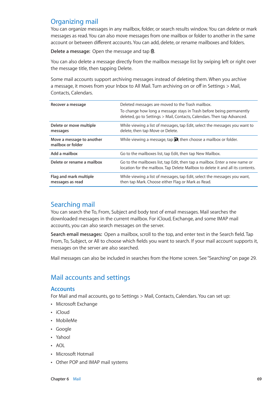 Organizing mail, Searching mail, Mail accounts and settings | Accounts | Apple iPhone iOS 5.1 User Manual | Page 69 / 179