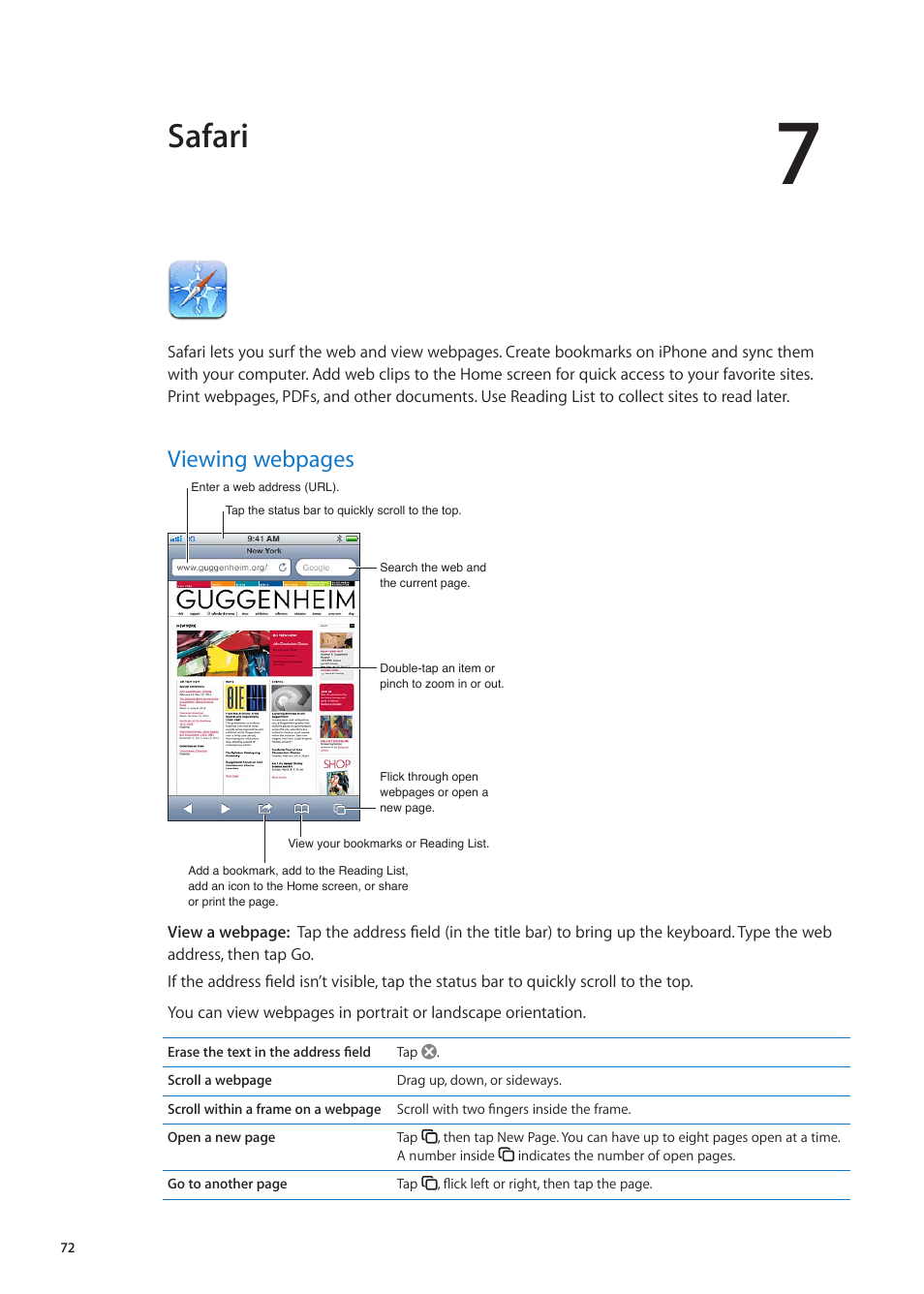 Chapter 7: safari, Safari, Viewing webpages | Apple iPhone iOS 5.1 User Manual | Page 72 / 179